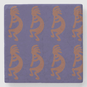 Flute Playing Kokopelli Figure - Rust Red on Blue Stone Coaster