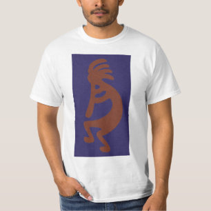 Flute Playing Kokopelli Figure - Rust Red on Blue T-Shirt