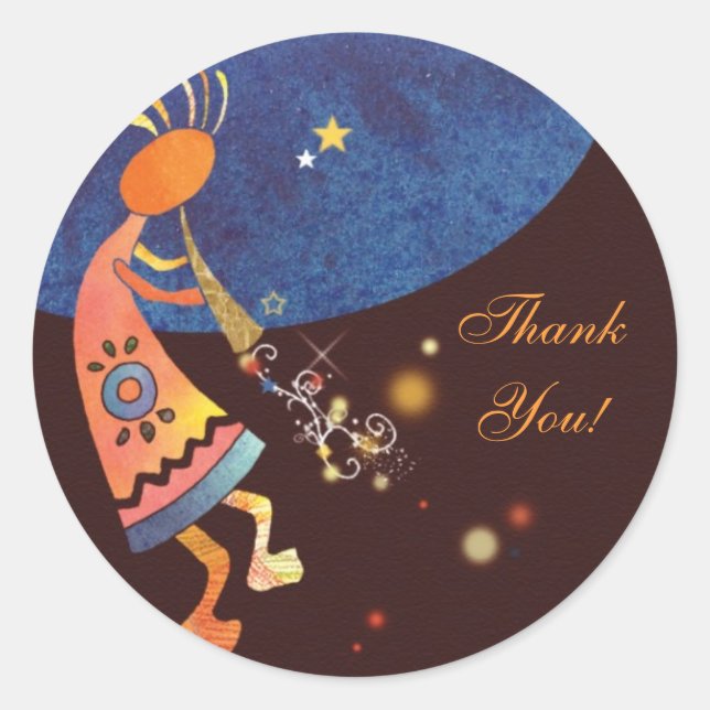 Flute Playing Kokopelli Thank You Classic Round Sticker (Front)