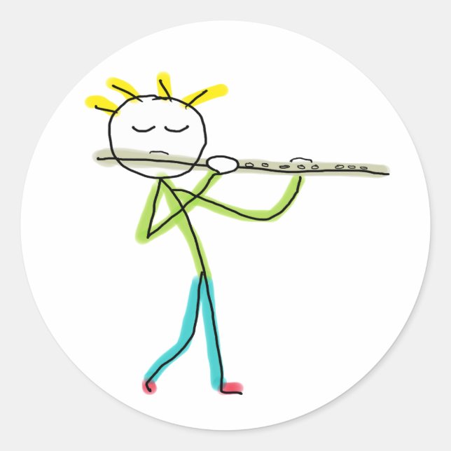 Flute Playing Stickman Classic Round Sticker (Front)
