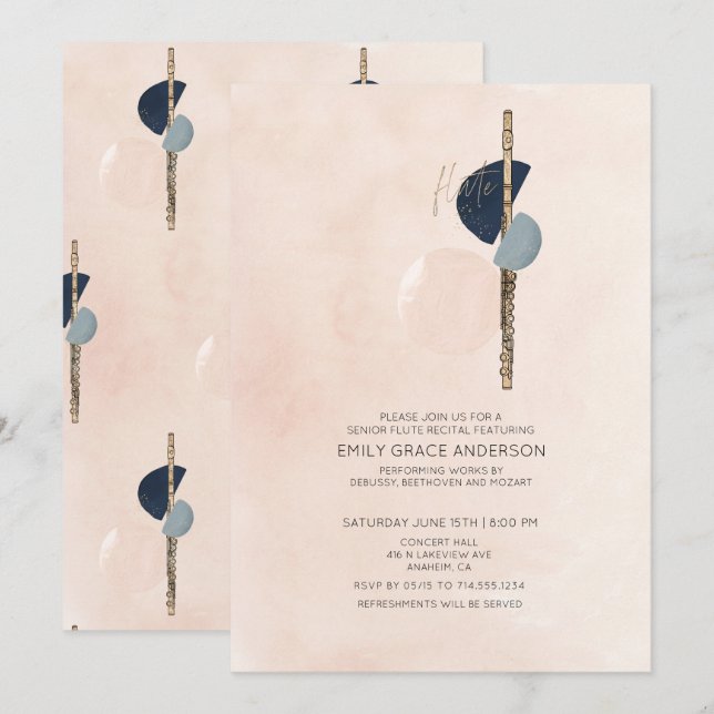 Flute Recital Abstract Blush Pink & Blue Gold Invitation (Front/Back)