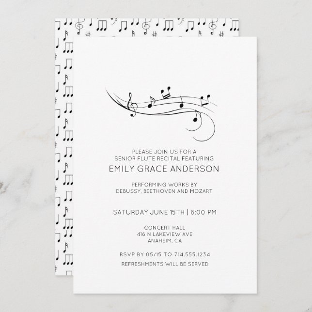 Flute Recital Musical Notes Black & White Invitation (Front/Back)