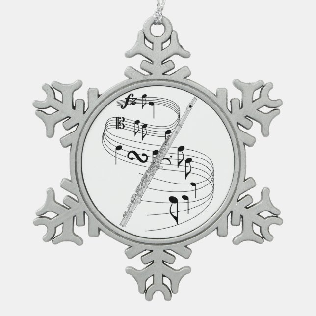 Flute Snowflake Pewter Christmas Ornament (Front)