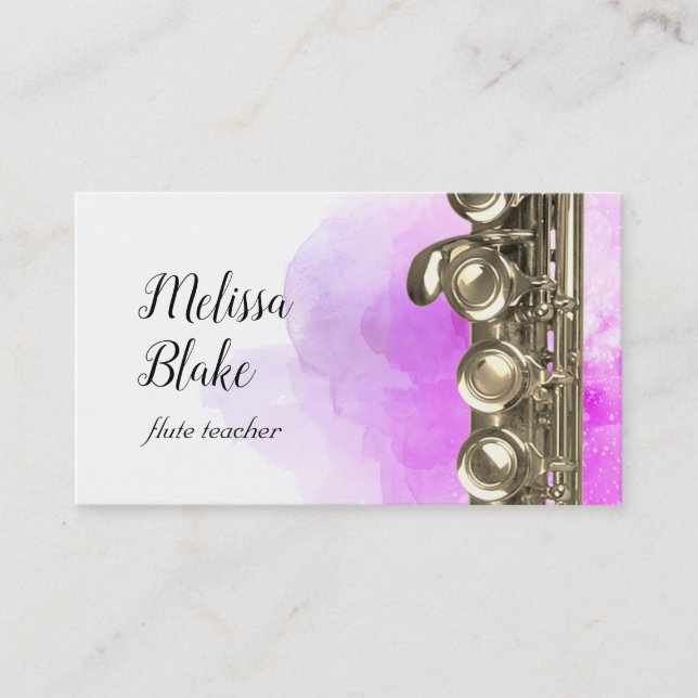 flute teacher purple watercolor background business card (Front)