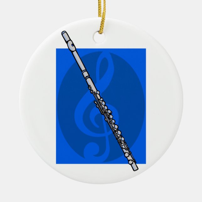 Flute with Blue Treble Clef Background Ceramic Tree Decoration (Front)