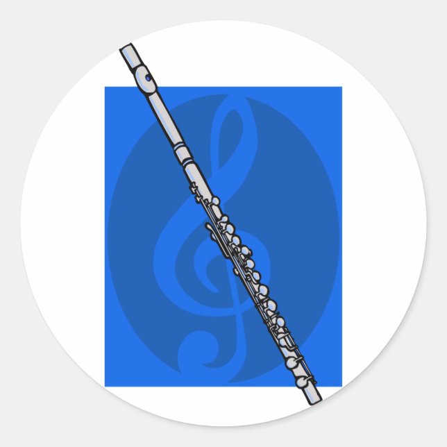 Flute with Blue Treble Clef Background Classic Round Sticker (Front)