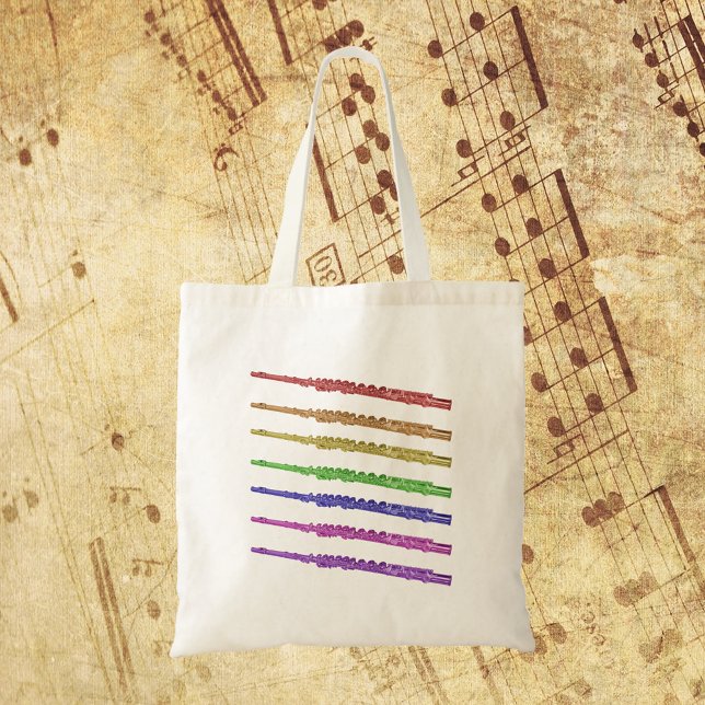 Flutes Colourful Rainbow Tote Bag (A tote bag with a colorful design of flutes in red, orange, yellow, green, blue, purple and pink!)
