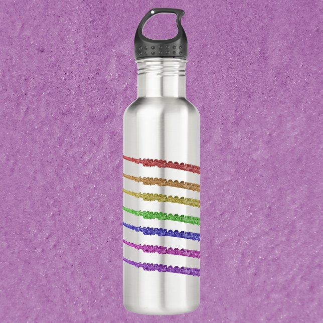 Flutes Instrument Rainbow 710 Ml Water Bottle (A water bottle with red, orange, yellow, green, blue, pink and purple flutes)