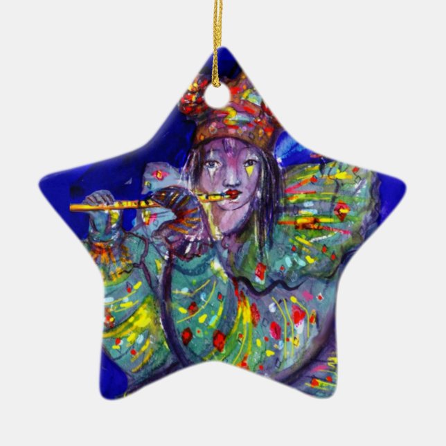 FLUTIST IN BLUE / Venetian Carnival Night Ceramic Ornament (Front)