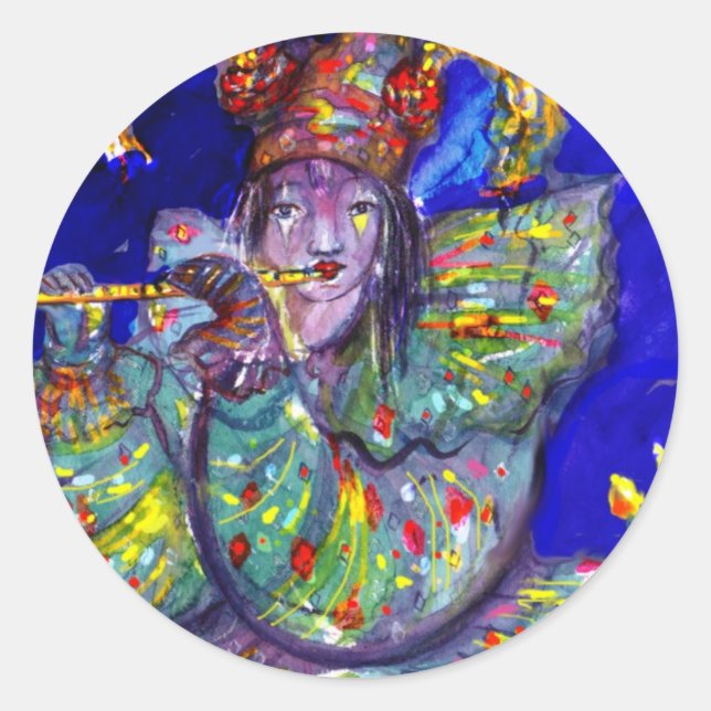 FLUTIST IN BLUE / Venetian Carnival Night Classic Round Sticker (Front)