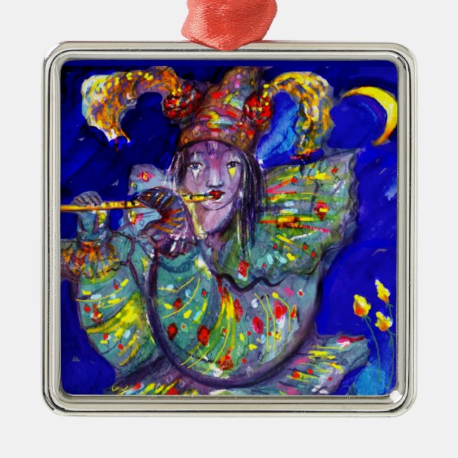 FLUTIST IN BLUE / Venetian Carnival Night Metal Ornament (Front)