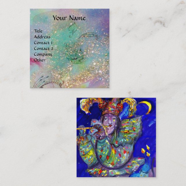 FLUTIST IN BLUE / Venetian Carnival Night Square Business Card (Front/Back)