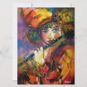 FLUTIST PORTRAIT Venetian Masquerade Gold Yellow Invitation