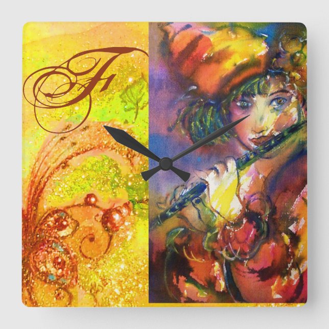 FLUTIST PORTRAIT / Venetian Masquerade Monogram Square Wall Clock (Front)