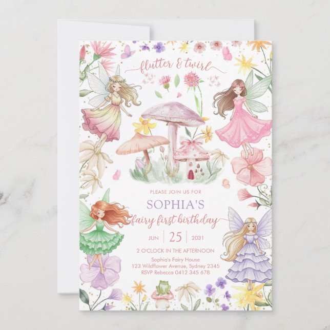 Flutter and Twirl Fairy First 1st Birthday Invitation (Front)