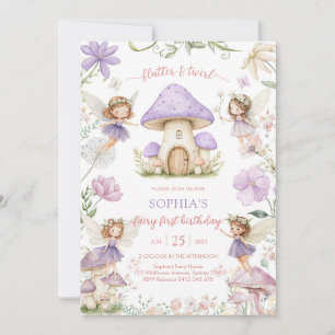 Flutter and Twirl Fairy First 1st Birthday Invitation