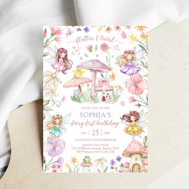 Flutter and Twirl Fairy First 1st Birthday Invitation (Creator Uploaded)