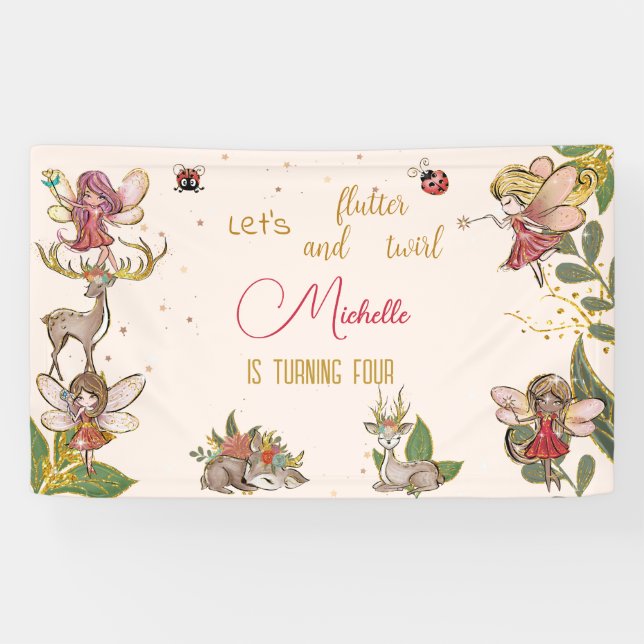 Flutter and twirl, fairy floral garden birthday banner (Horizontal)