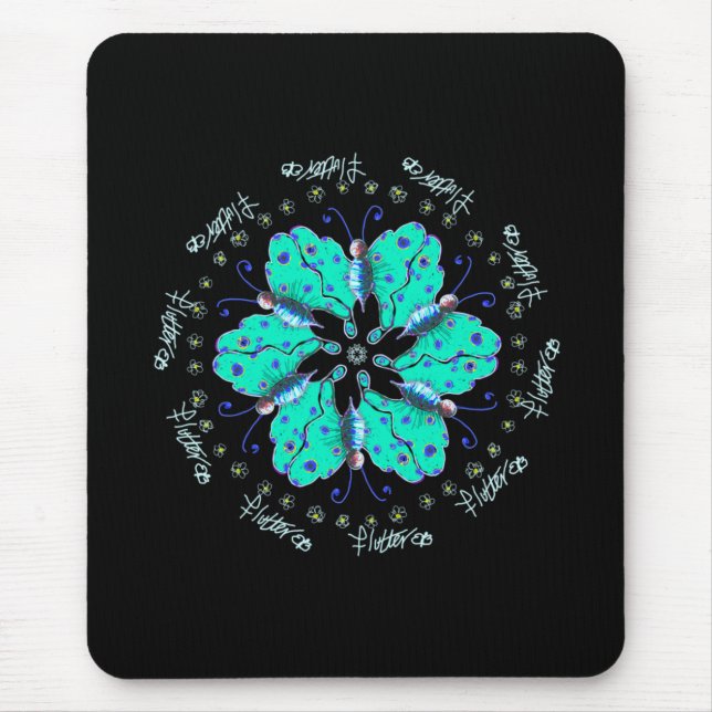 Flutter aqua blue butterfly mandala mouse pad (Front)