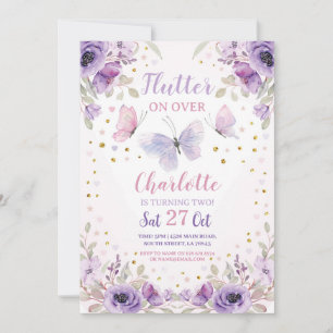 Flutter Butterfly Flower Purple Birthday Party Invitation