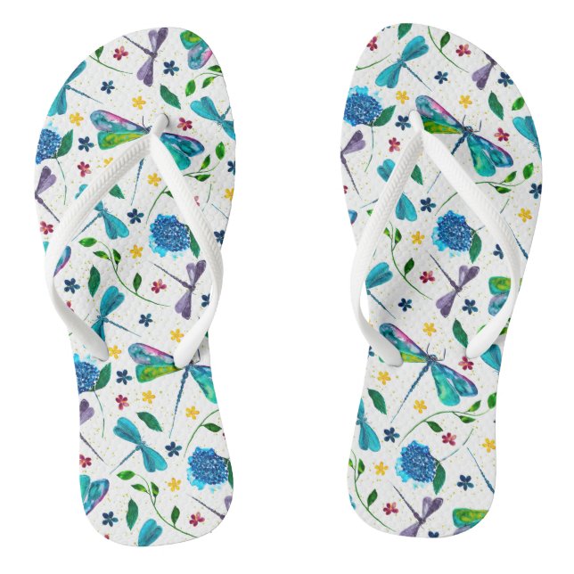 Flutter Dragonfly and Floral Watercolor  Thongs (Footbed)