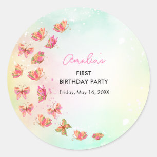 Flutter Kiss Butterfly Girl 1st Birthday Classic Round Sticker
