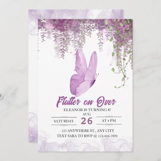 Flutter On Over Butterfly Girl Birthday Invitation (Front/Back)
