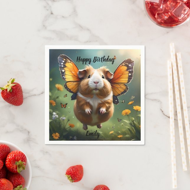 "Flutter Paws: The Guinea Pig Takes Flight" Napkin (Insitu)