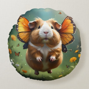 "Flutter Paws: The Guinea Pig Takes Flight" Round Cushion