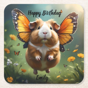 "Flutter Paws: The Guinea Pig Takes Flight" Square Paper Coaster