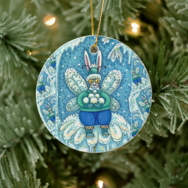 FLUTTERBUN WINTER WONDERLAND, FUNNY BUNNY RABBIT CERAMIC ORNAMENT (Tree)