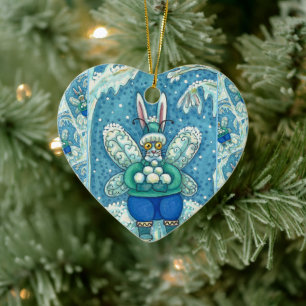 FLUTTERBUN WINTER WONDERLAND, FUNNY BUNNY RABBIT CERAMIC ORNAMENT