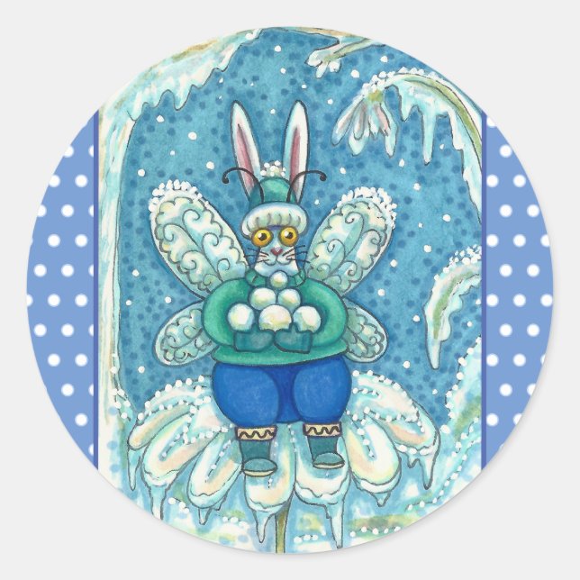 FLUTTERBUN WINTER WONDERLAND, FUNNY BUNNY RABBIT CLASSIC ROUND STICKER (Front)
