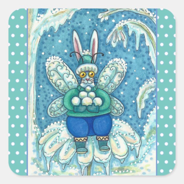 FLUTTERBUN WINTER WONDERLAND, FUNNY BUNNY RABBIT SQUARE STICKER (Front)