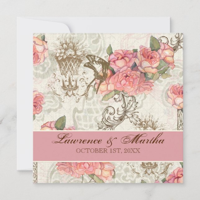 Flutterbyes 'n Roses Elegant Wedding - Pink Invitation (Front)