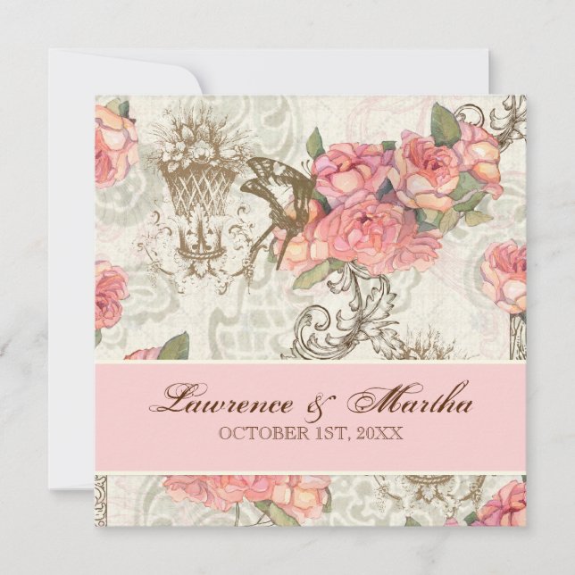 Flutterbyes 'n Roses Elegant Wedding - Pink Invitation (Front)