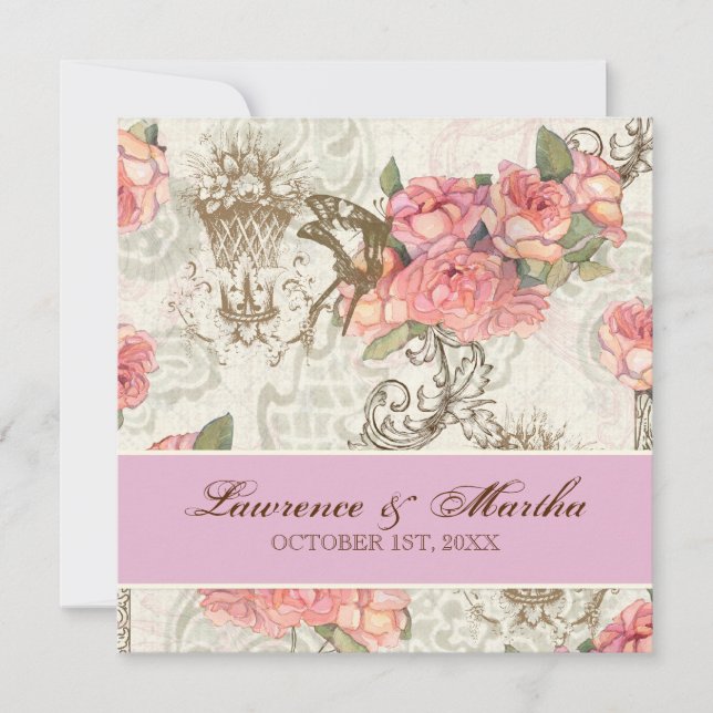 Flutterbyes 'n Roses Elegant Wedding - Pink-Lav Invitation (Front)