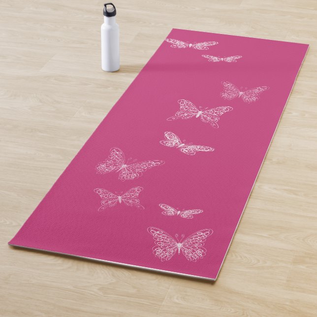 Fluttering Butterflies Bright Pink Yoga Mat (In Situ)