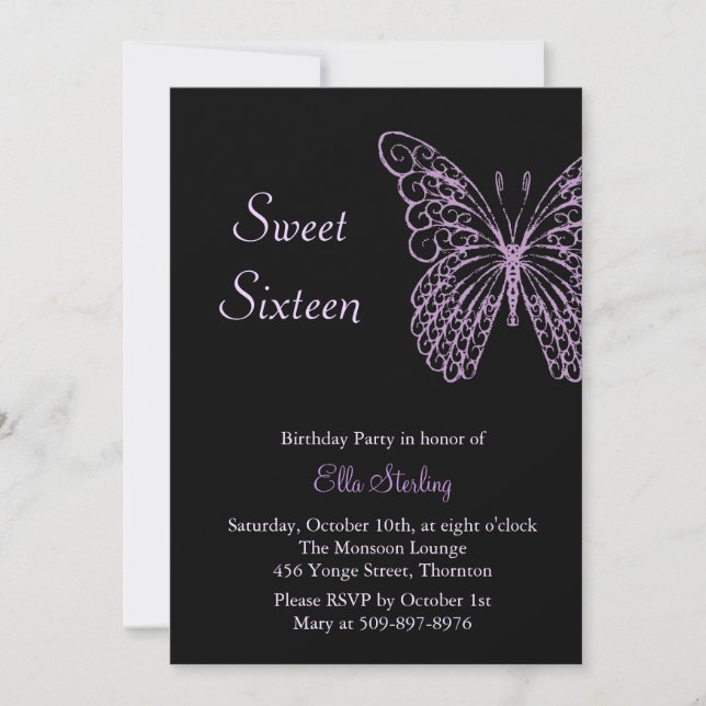 Fluttering Butterflies Sweet Sixteen on Black Invitation (Front)