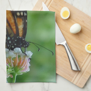 Fluttering Monarch Butterfly Pink White Flower Tea Towel