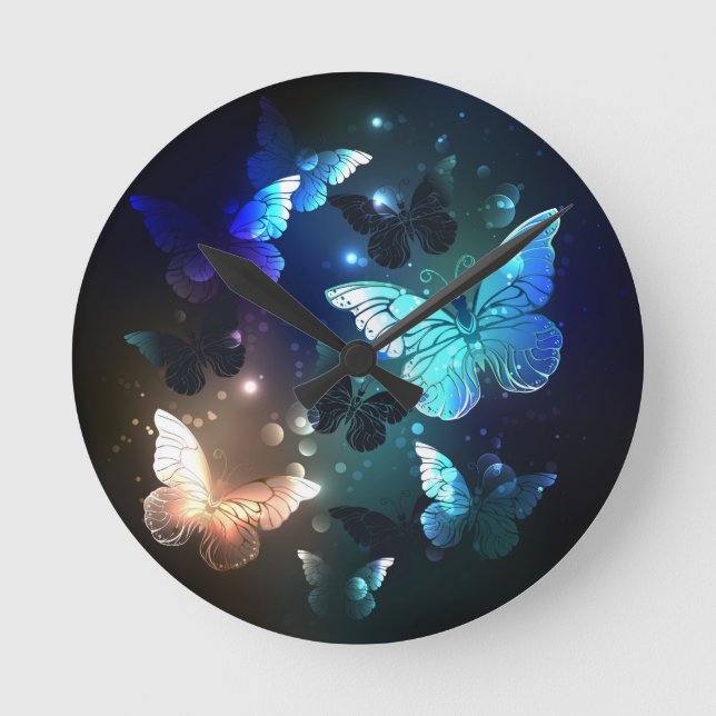 Fluttering Night Butterfly Round Clock (Front)