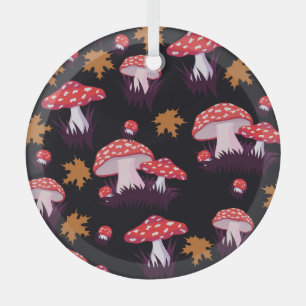 Fly agaric, maple leaves print glass tree decoration