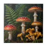 Fly Agaric Mushrooms Forest Botanical Ceramic Tile<br><div class="desc">Discover the striking beauty of nature with this detailed cluster of classic red fly agaric mushrooms, their white-spotted caps standing tall among lush green ferns and deep forest shadows. Realistic textures, dew-kissed surfaces, and subtle golden chanterelles at the base bring the quiet, grounded atmosphere of a woodland floor to life....</div>