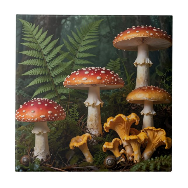 Fly Agaric Mushrooms Forest Botanical Ceramic Tile (Front)
