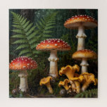 Fly Agaric Mushrooms Forest Botanical Jigsaw Puzzle<br><div class="desc">Discover the striking beauty of nature with this detailed cluster of classic red fly agaric mushrooms, their white-spotted caps standing tall among lush green ferns and deep forest shadows. Realistic textures, dew-kissed surfaces, and subtle golden chanterelles at the base bring the quiet, grounded atmosphere of a woodland floor to life....</div>