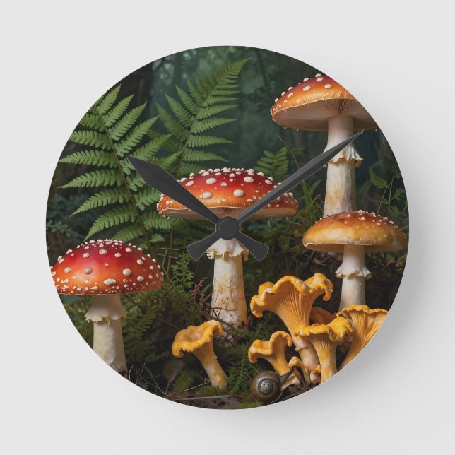 Fly Agaric Mushrooms Forest Botanical Round Clock (Front)