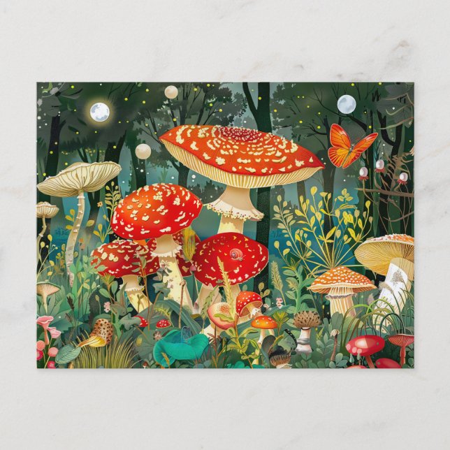 Fly Agaric Mushrooms Under Full Moonlight Postcard (Front)