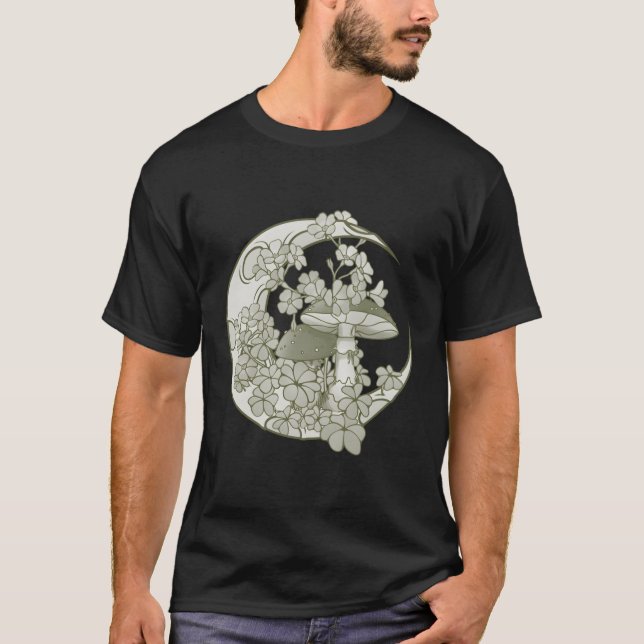 Fly Agaric Toadstool With C Flowers On Crescent Mo T-Shirt (Front)