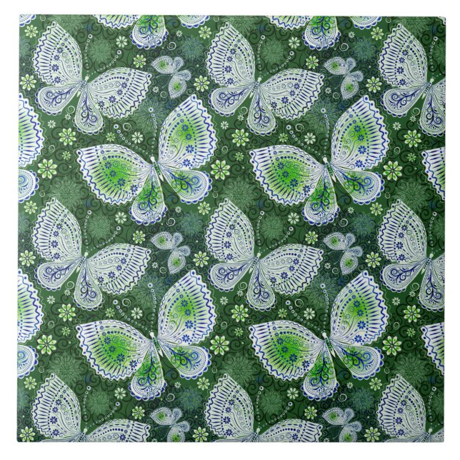 Fly Away Paisley Butterfly Print Green  Ceramic Tile (Front)