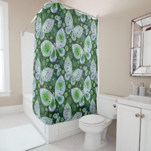 Fly Away Paisley Butterfly Print Green Shower Curtain